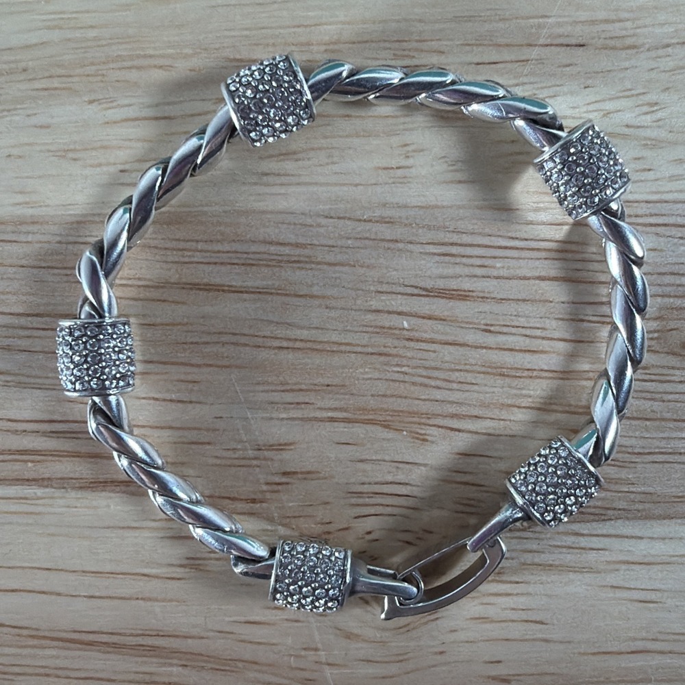 Brighton Meridian Bracelet Rope Twist Pave Crystal Link Silver  Tone 7.25"